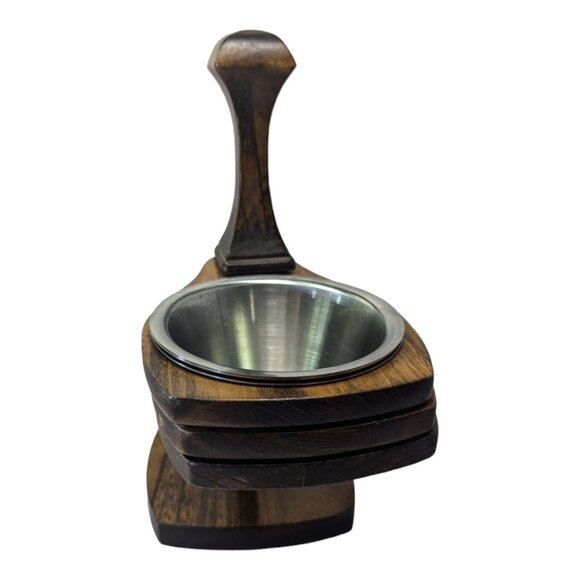 Vintage Rustic Wooden Condiment Stand with three stainless bowl inserts MCM Retr - Picture 4 of 10